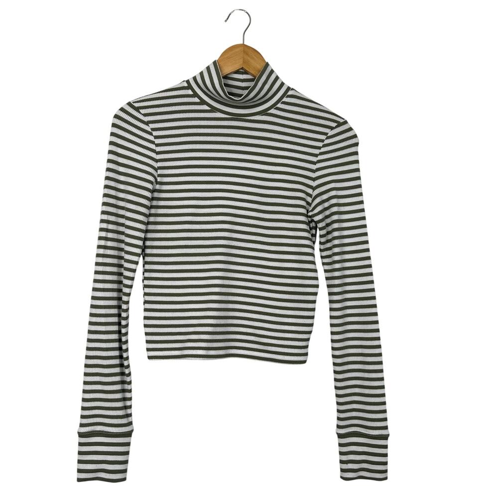 American Eagle Super Soft White & Green Striped Mock Neck Waffle Knit Top